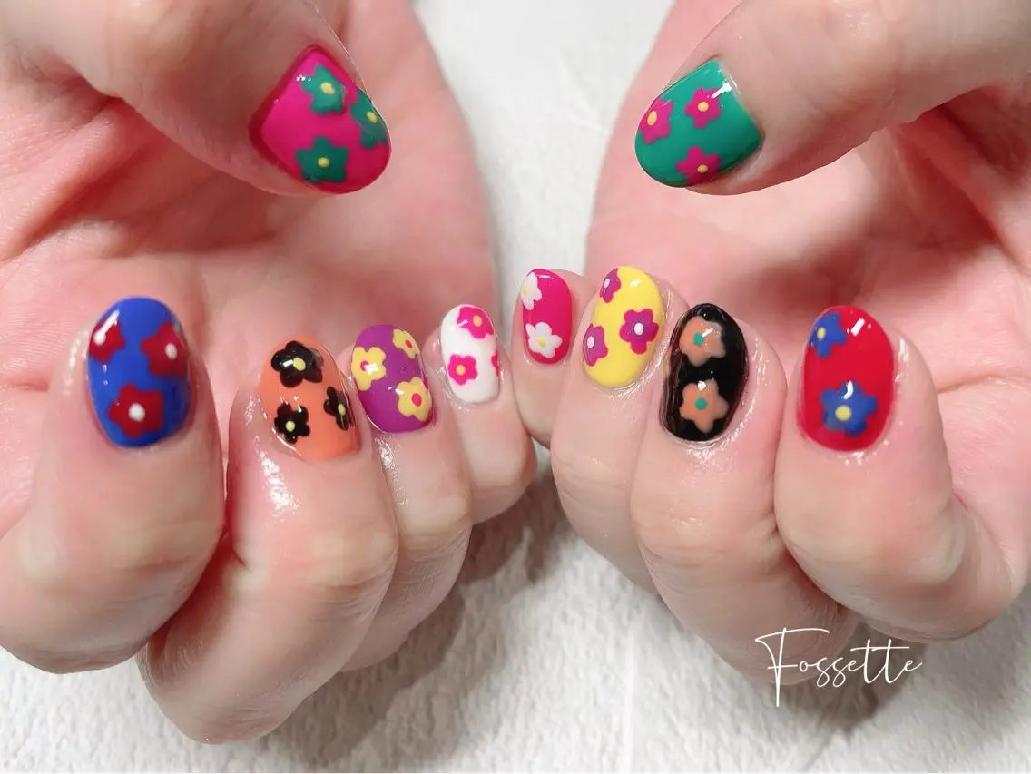 ネイル フラワーネイル ぷっくりネイル ショートネイル ハンドネイル nailsalon Fossetteのネイルデザイン