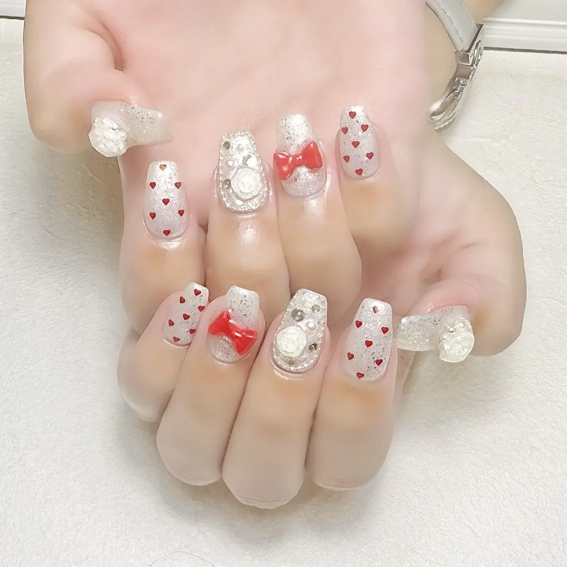 ネイル ハート ラメ(グリッター) リボン 春ネイル rouse nail RISATOのネイルデザイン