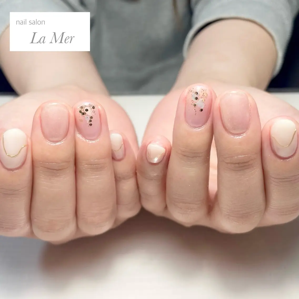 ネイル オーロラネイル ミラーネイル オフィスネイル ピンク 春ネイル ハンドネイル nailsalon La Merのネイルデザイン
