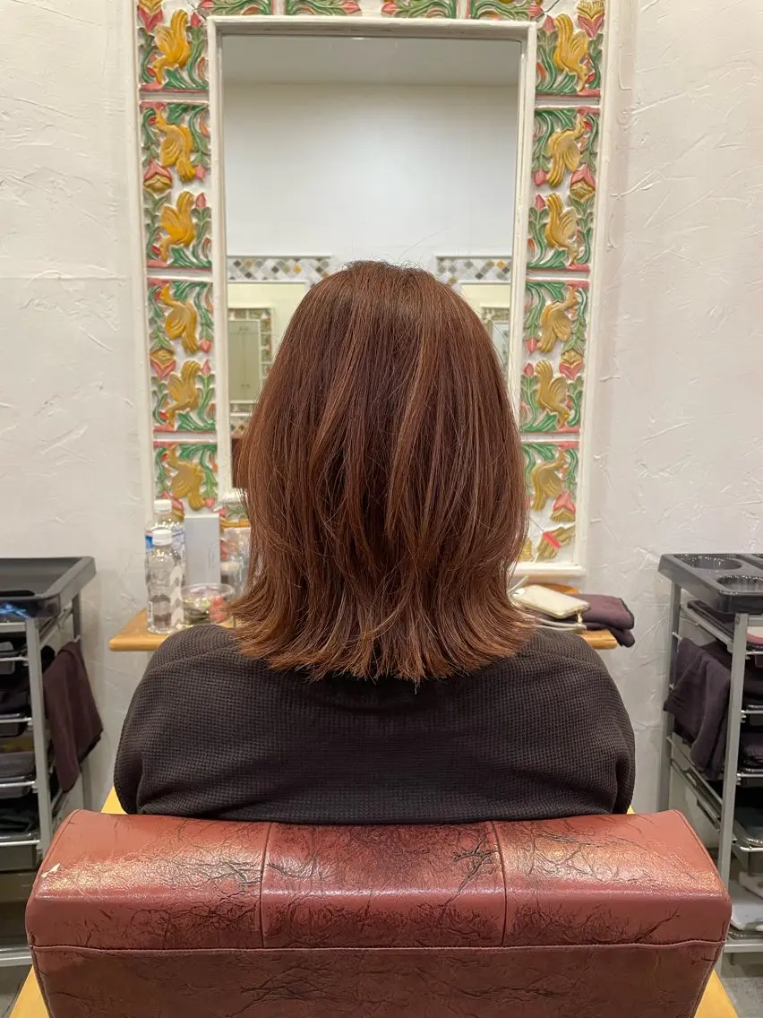 ミディアム カラー ブラウンカラー ピンクカラー ピンクブラウン くびれヘア 丹 優菜のヘアスタイル
