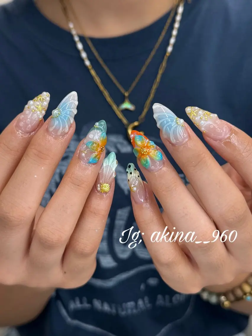 ネイル ハロウィン 氷ネイル・うるうるネイル マットネイル ニュアンスネイル リボン ハンドネイル akina nailsのネイルデザイン