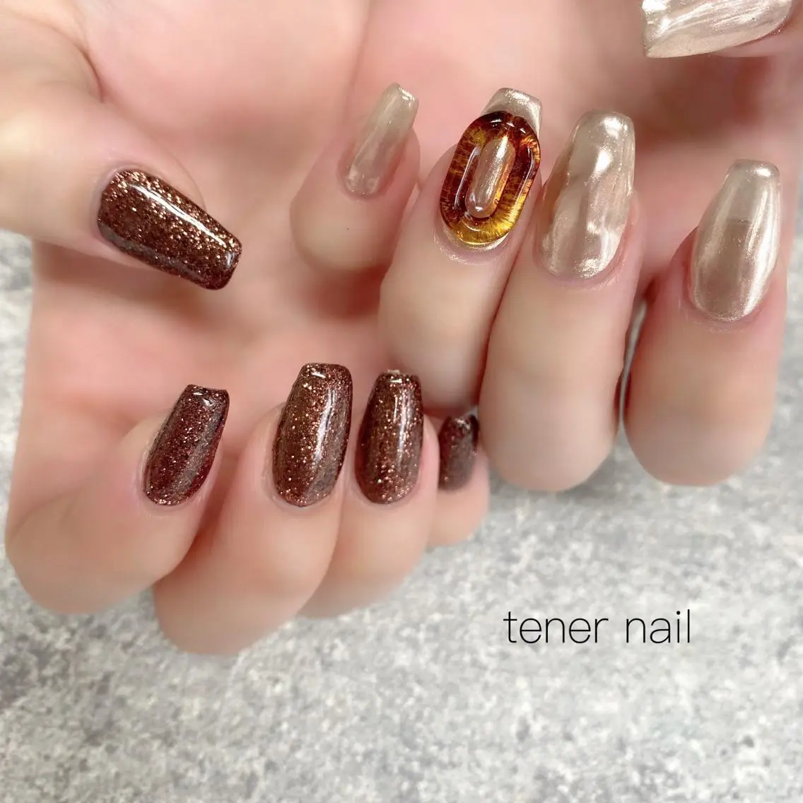 ネイル べっ甲ネイル ブラウン キラキラネイル ミラーネイル テネルネイル tener nailのネイルデザイン