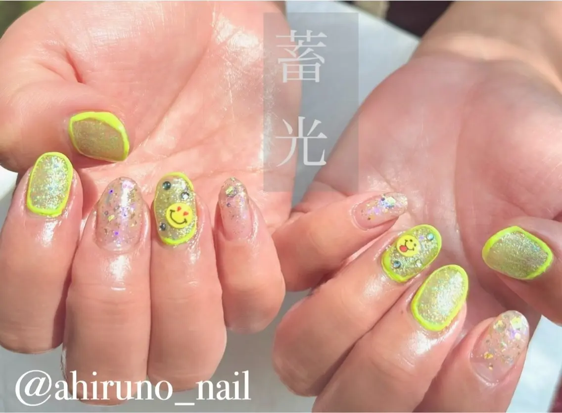 ネイル アートネイル 夏ネイル 黄色 ハンドネイル 東京あきる野市ネイル ✿ yuiのネイルデザイン