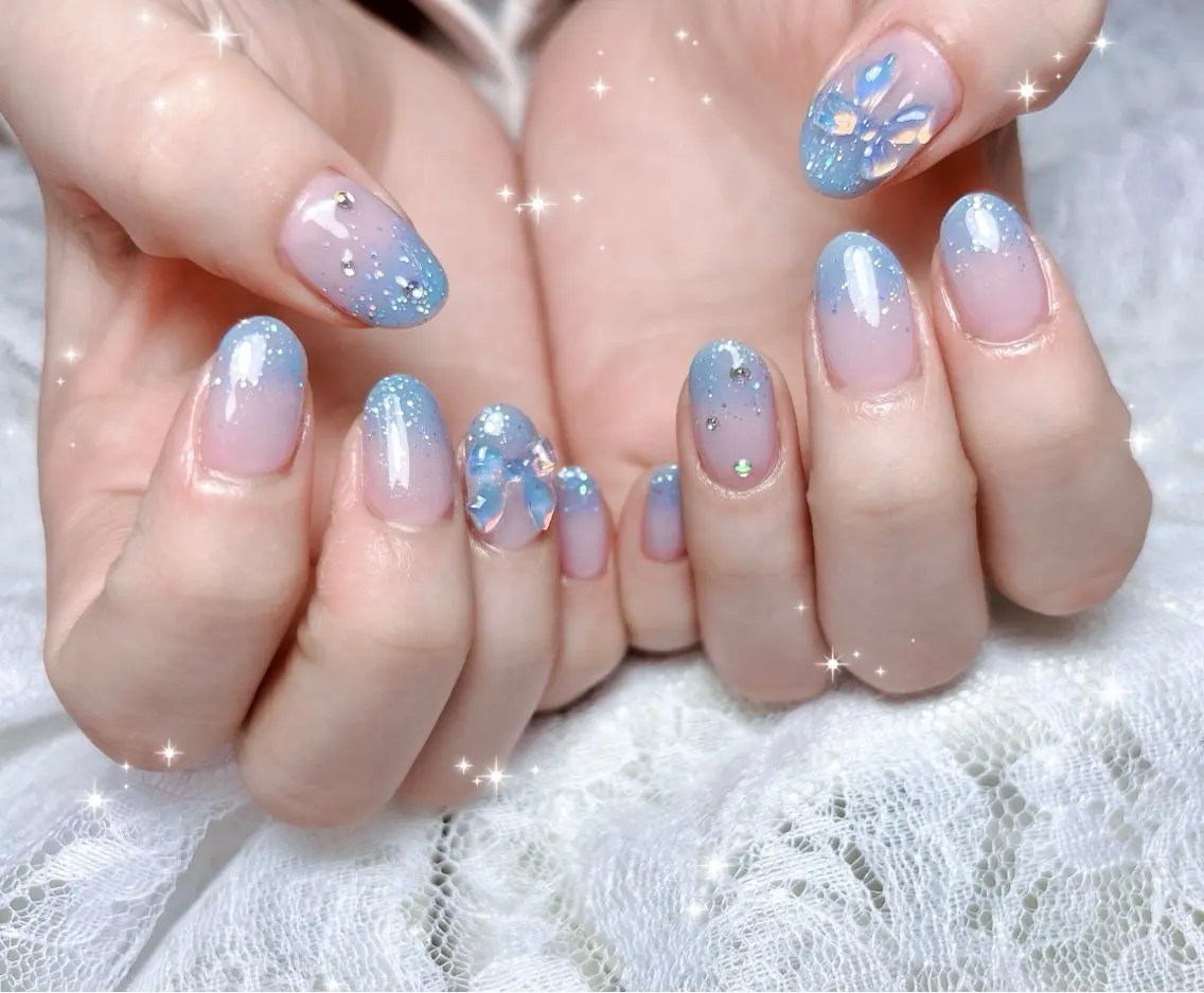 ネイル ブルー グラデーション ハンドネイル FLARE NAIL フレアネイルのネイルデザイン