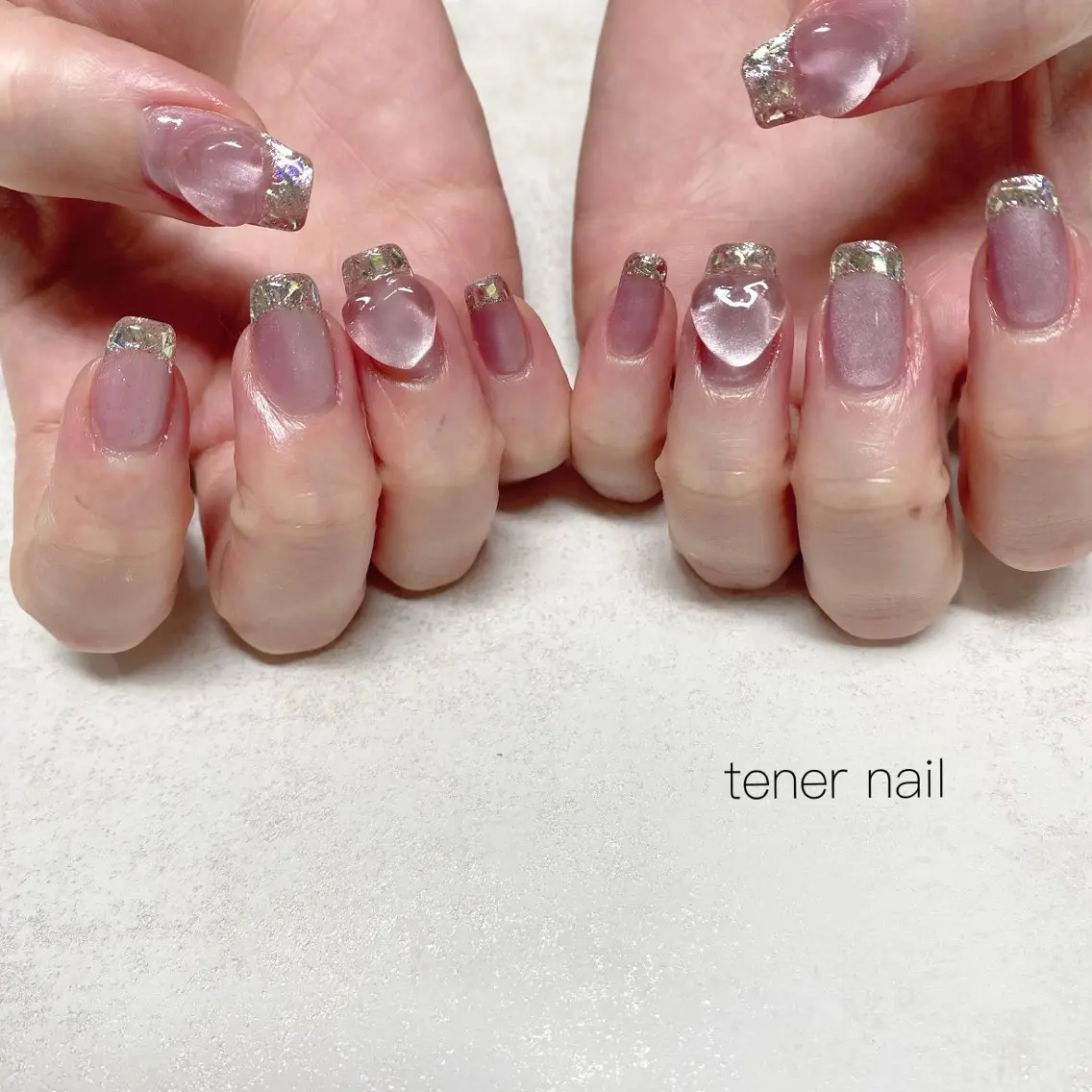 ネイル フレンチネイル ガラスフレンチ ハート ぷっくりネイル ハンドネイル テネルネイル tener nailのネイルデザイン
