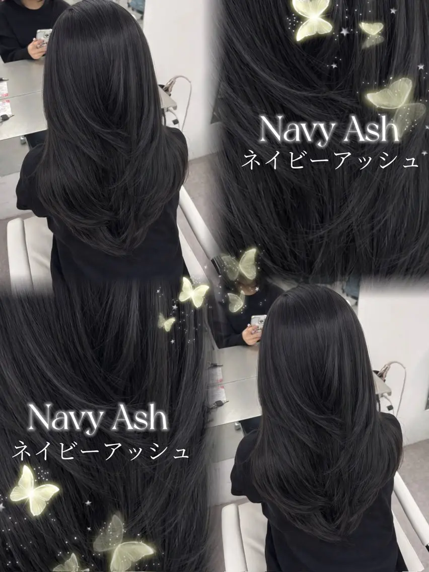 カラー アッシュ 透明感カラー ネイビーカラー オレンジ ヘアカラー 韓国ヘア／レイヤー／ 顔周り🎀もかのヘアスタイル