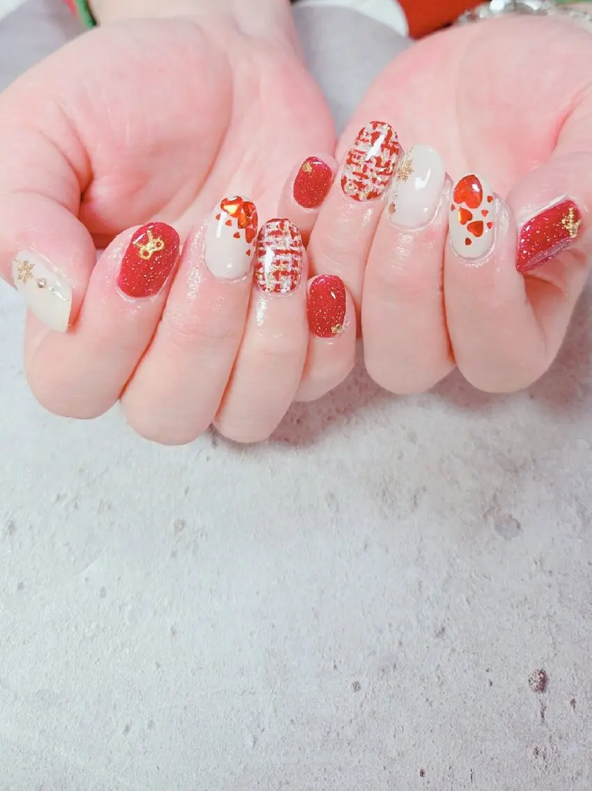 ネイル フラッシュネイル ハート 赤色 春ネイル ツイードネイル ハンドネイル flure de neige yukiのネイルデザイン