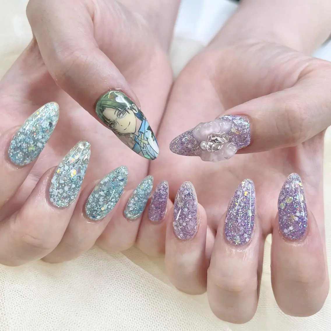 ロング ネイル リボン ハンドネイル 池袋痛ネイル Nok. 渡辺のネイルデザイン