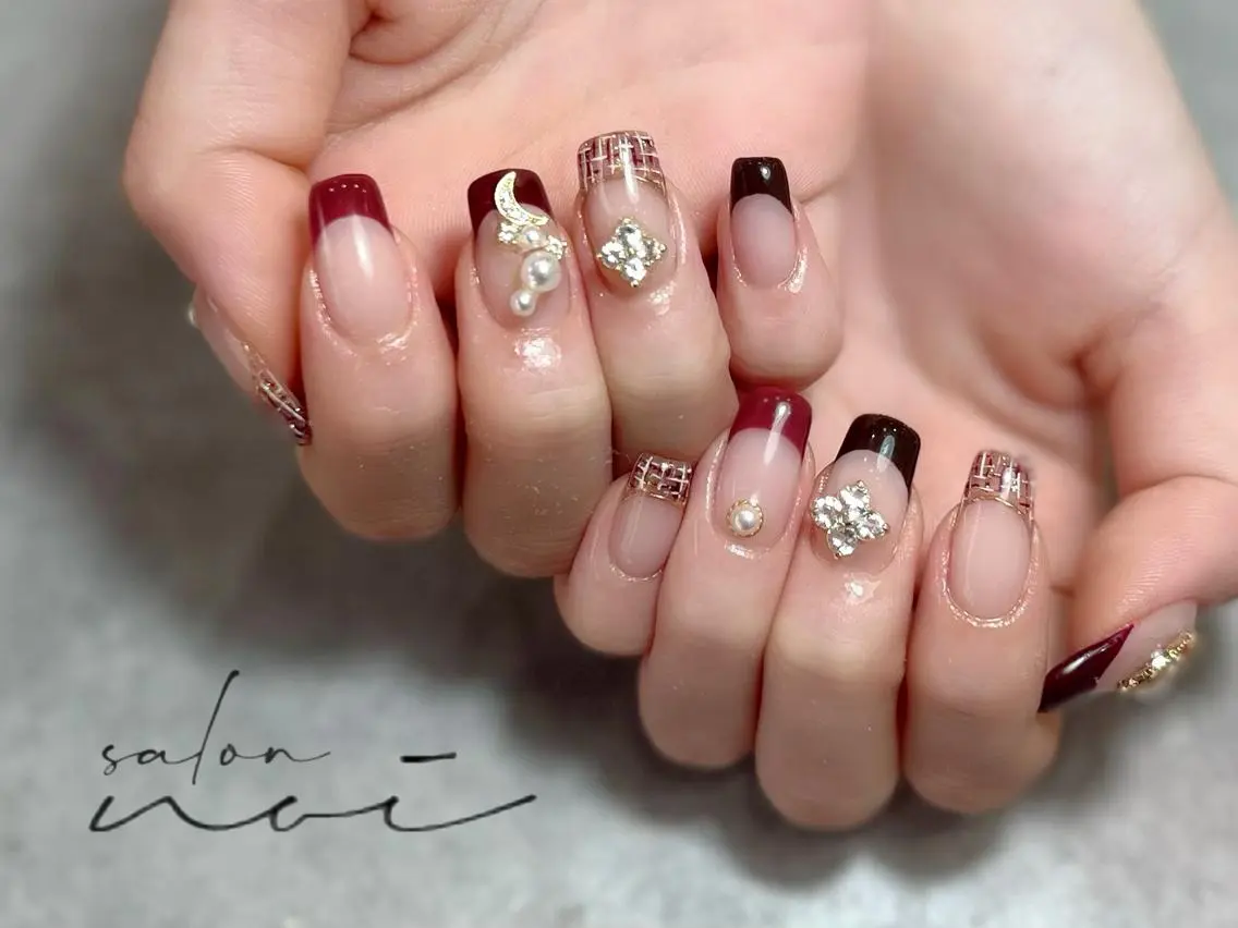 ネイル フレンチネイル 赤色 ツイードネイル ハンドネイル salon noiのネイルデザイン