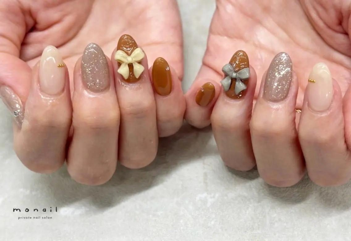 ネイル ブラウン ラメ(グリッター) ハンドネイル nail salon monailのネイルデザイン