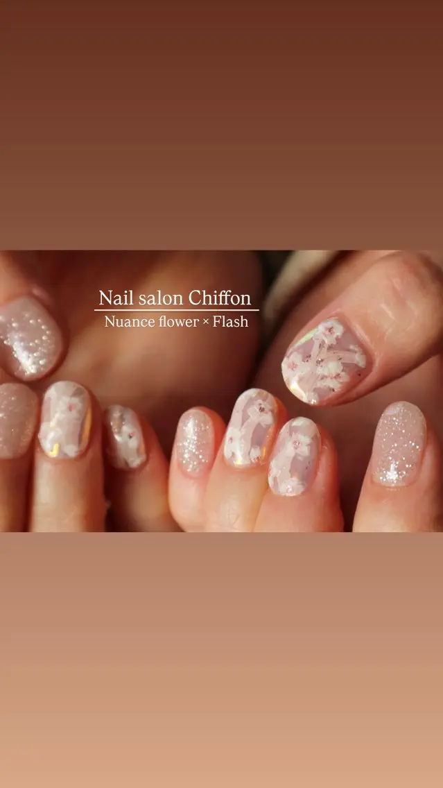 ネイル アートネイル オーロラネイル 桜ネイル ラメ(グリッター) ニュアンスネイル ハンドネイル ハンドケア Nail salon Chiffonのネイルデザイン