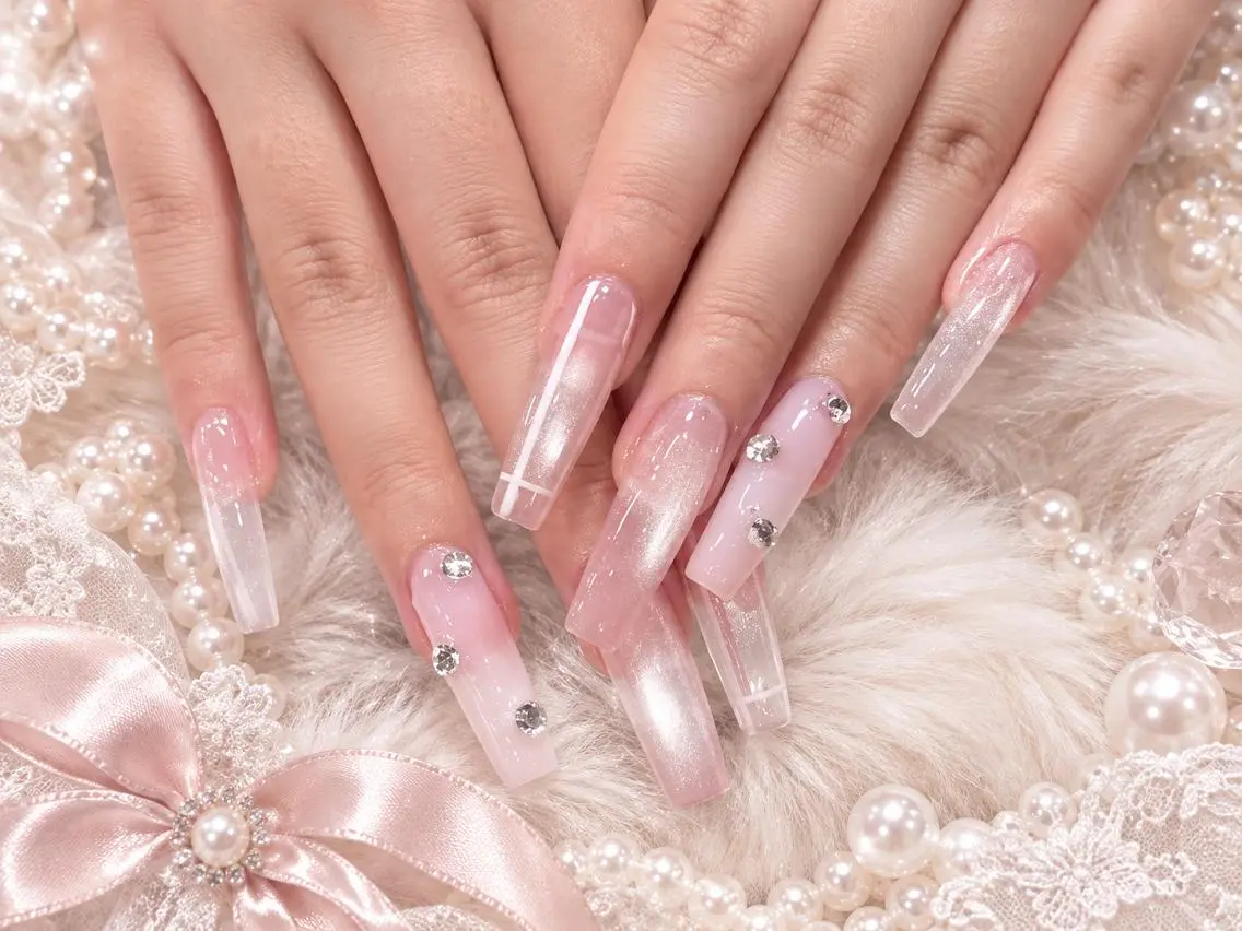 ネイル アートネイル フラッシュネイル フレンチネイル ジェルネイル ガラスフレンチ M2 BEAUTY Rikaのネイルデザイン