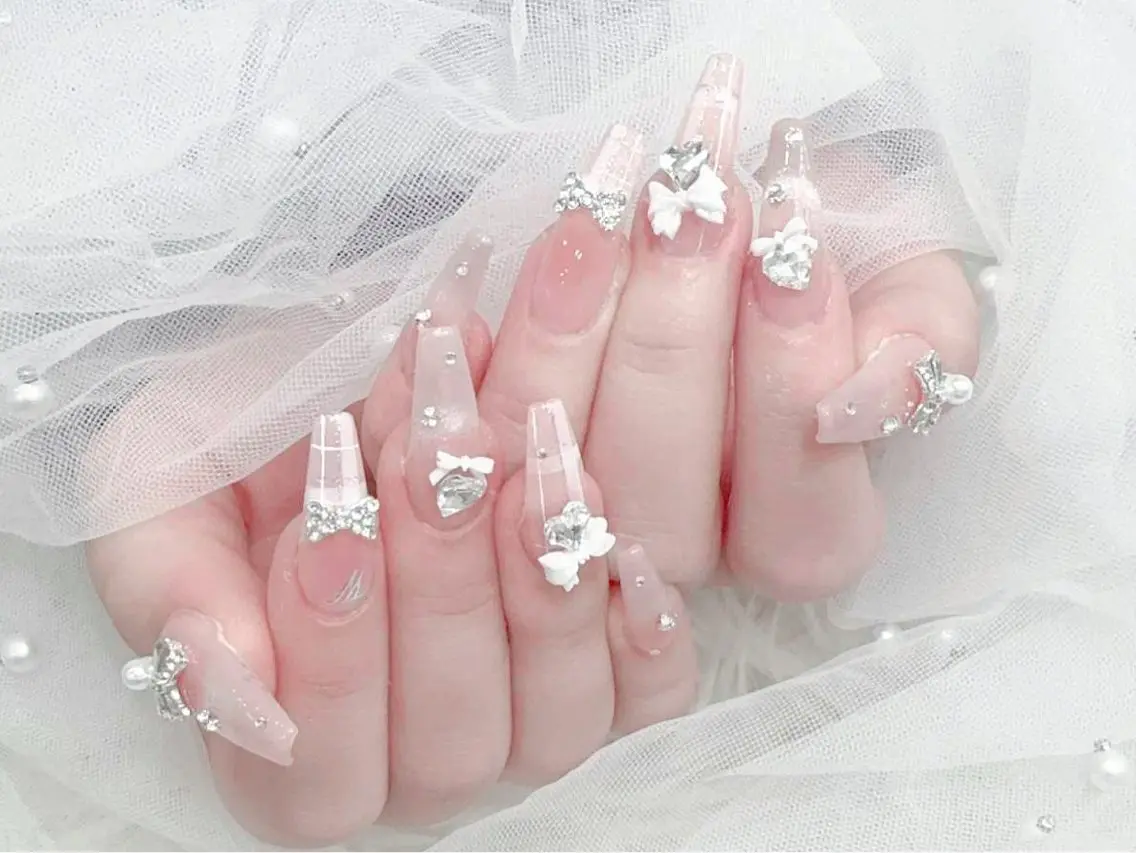ネイル 成人式 マグネットネイル 大理石ネイル(マーブル) リボン 夏ネイル ハンドネイル MoMoA Nail ネイル長さ出し専門店のネイルデザイン