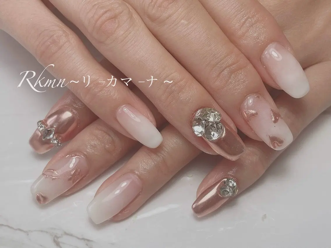ネイル ブラウン ハート ミラーネイル ピンク 春ネイル ハンドネイル フットネイル ハンドケア Rkmn ~リ-カマ-ナ~のネイルデザイン