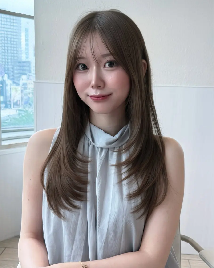 セミロング カット ヘアカラー トリートメント 表参道小顔カット前髪 割れ改善クロスパーマのヘアスタイル