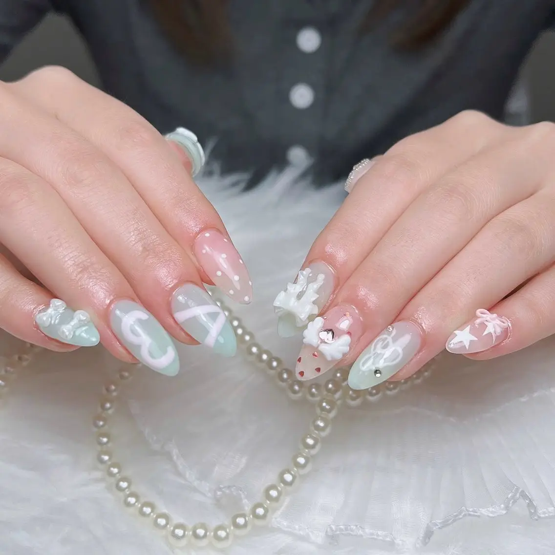 ネイル ガーリー ハート 韓国ネイル ニュアンスネイル リボン ハンドネイル Sora nail 長さ出し専門店のネイルデザイン
