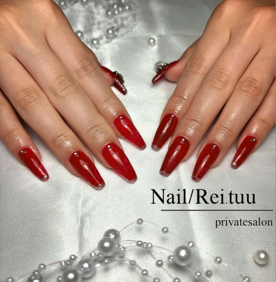 ネイル チークネイル フラッシュネイル フレンチネイル キラキラネイル ロングネイル Nailsalon / Rei.tuuのネイルデザイン