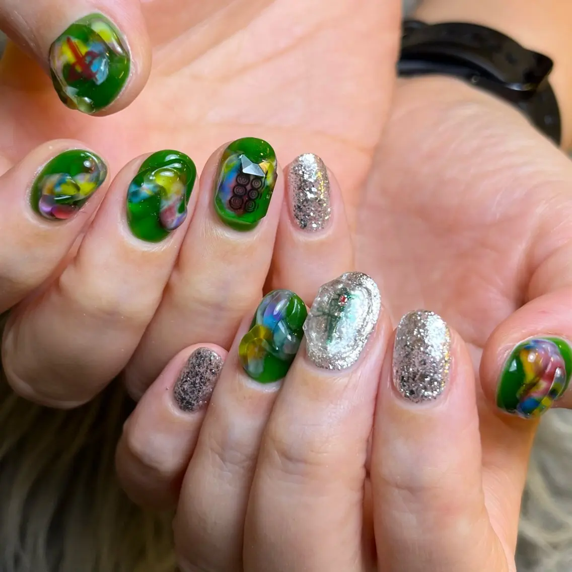 ネイル クリアネイル グリーン ニュアンスネイル ワンカラーネイル シルバー nail salon h @ 髙木のネイルデザイン