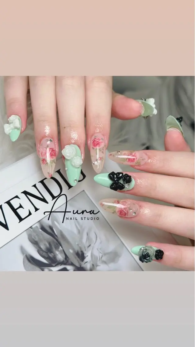 ネイル フラワーネイル グリーン 韓国ネイル リボン ワンホンネイル ハンドネイル Aura Nail Studioのネイルデザイン