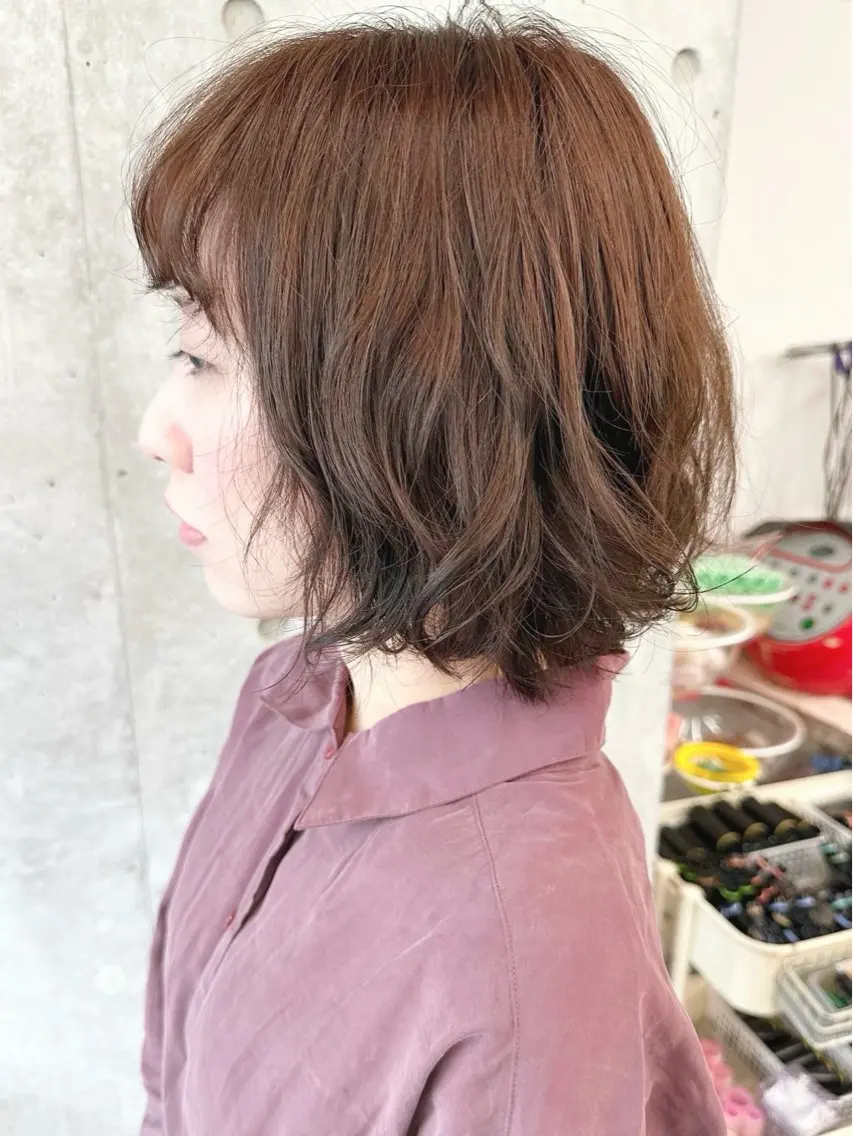 ミディアム カラー パーマ ボブ/ゆるふわ ボブパーマ/とういのヘアスタイル