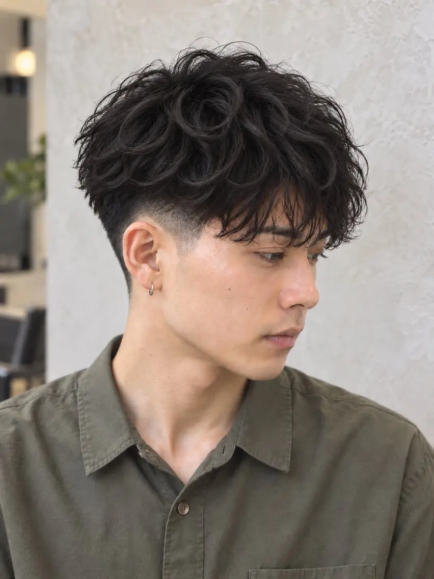 ショート パーマ メンズ ビジネス センターパート フェードカット フェザーパーマ メンズ韓国風 カット パーマ トリートメント ヘアセット メンズパーマ特化 TAKE新宿のヘアスタイル