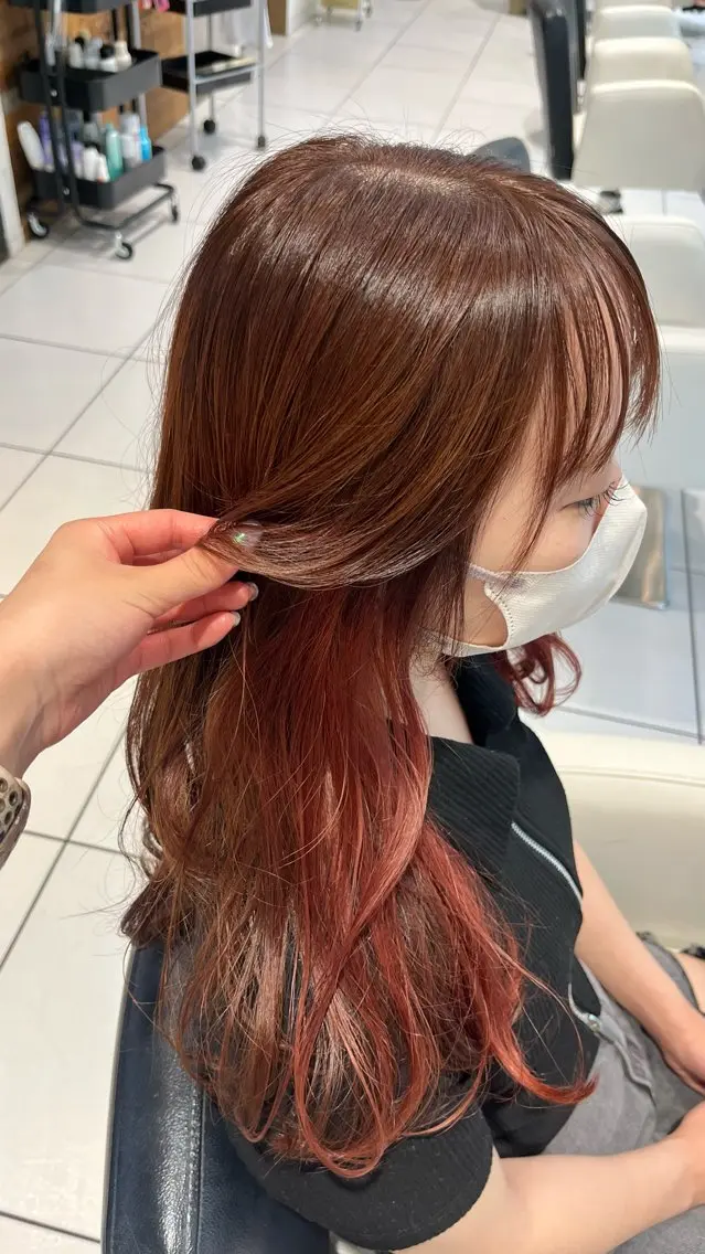 ロング カラー ブリーチ ブラウンカラー デザインカラー インナーカラー オレンジ ヘアカラー 長久手/艶カラー/ ブリーチ/フウカのヘアスタイル