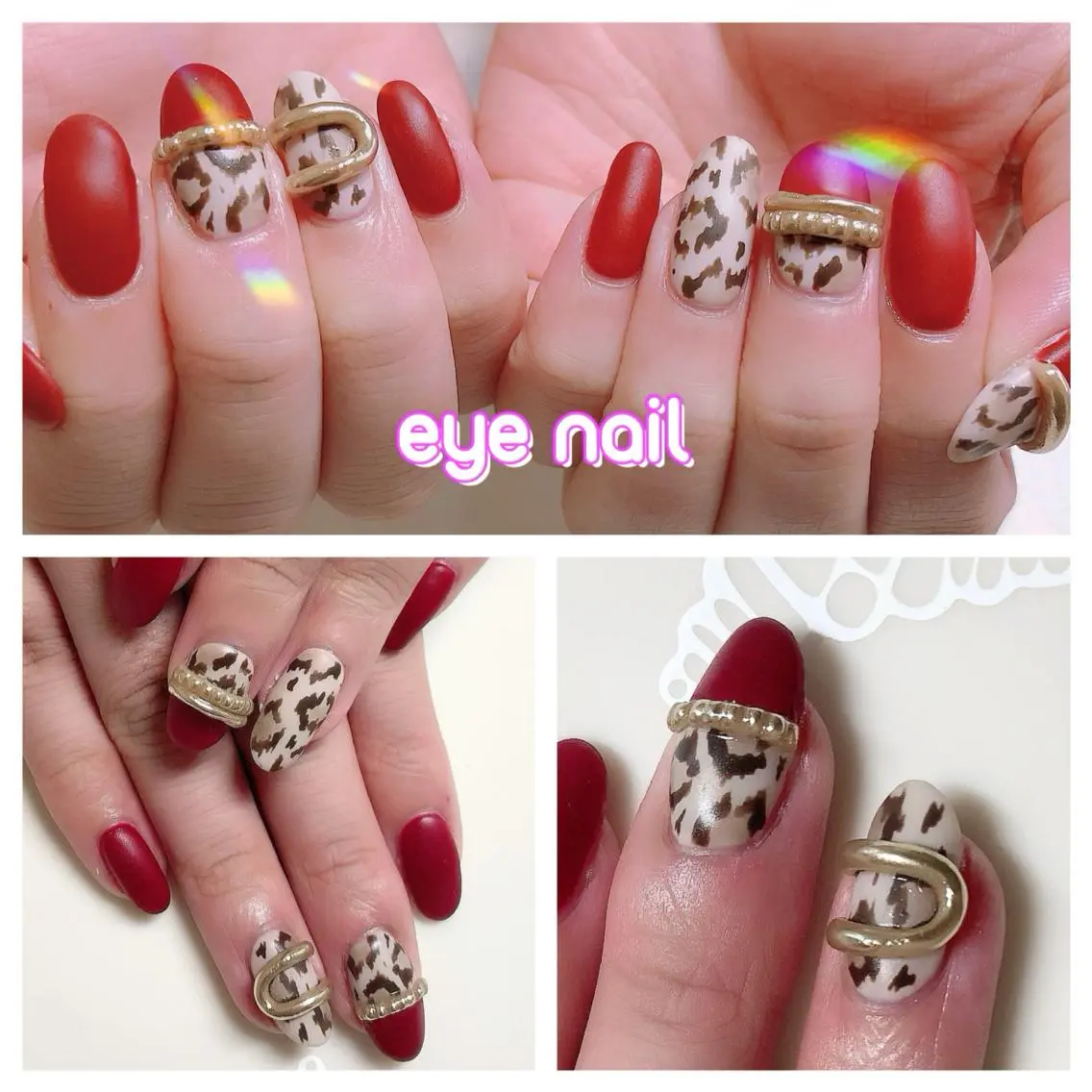 ネイル アニマル柄 ボルドー マットネイル 持ち込み ぷっくりネイル ハンドネイル Eye nailのネイルデザイン