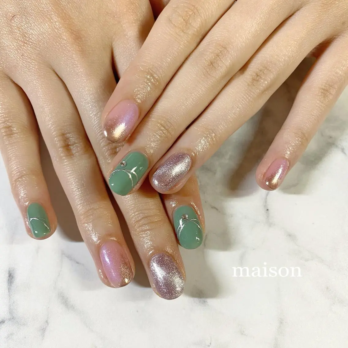 ネイル グリーン ピンク 春ネイル ISHIHARA KANAのネイルデザイン