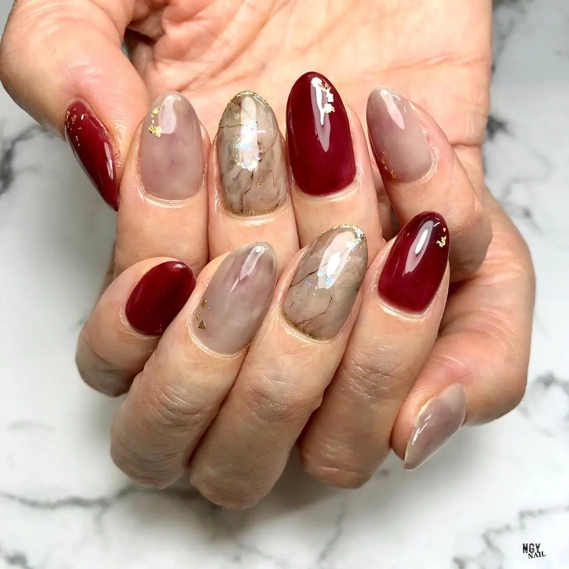 ネイル ボルドー クリアネイル ジェルネイル 大理石ネイル(マーブル) ニュアンスネイル ハンドネイル NAIL NOWのネイルデザイン