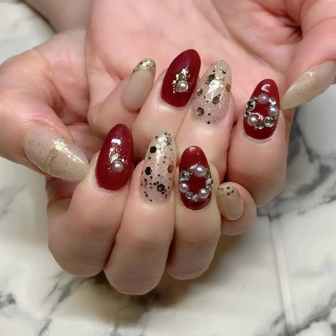 ネイル ボルドー ラメ(グリッター) MALAMA NAILのネイルデザイン