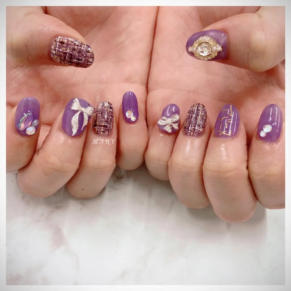 ネイル ニュアンスネイル ワンカラーネイル パープル ツイードネイル ハンドネイル Mary nail .narumiのネイルデザイン