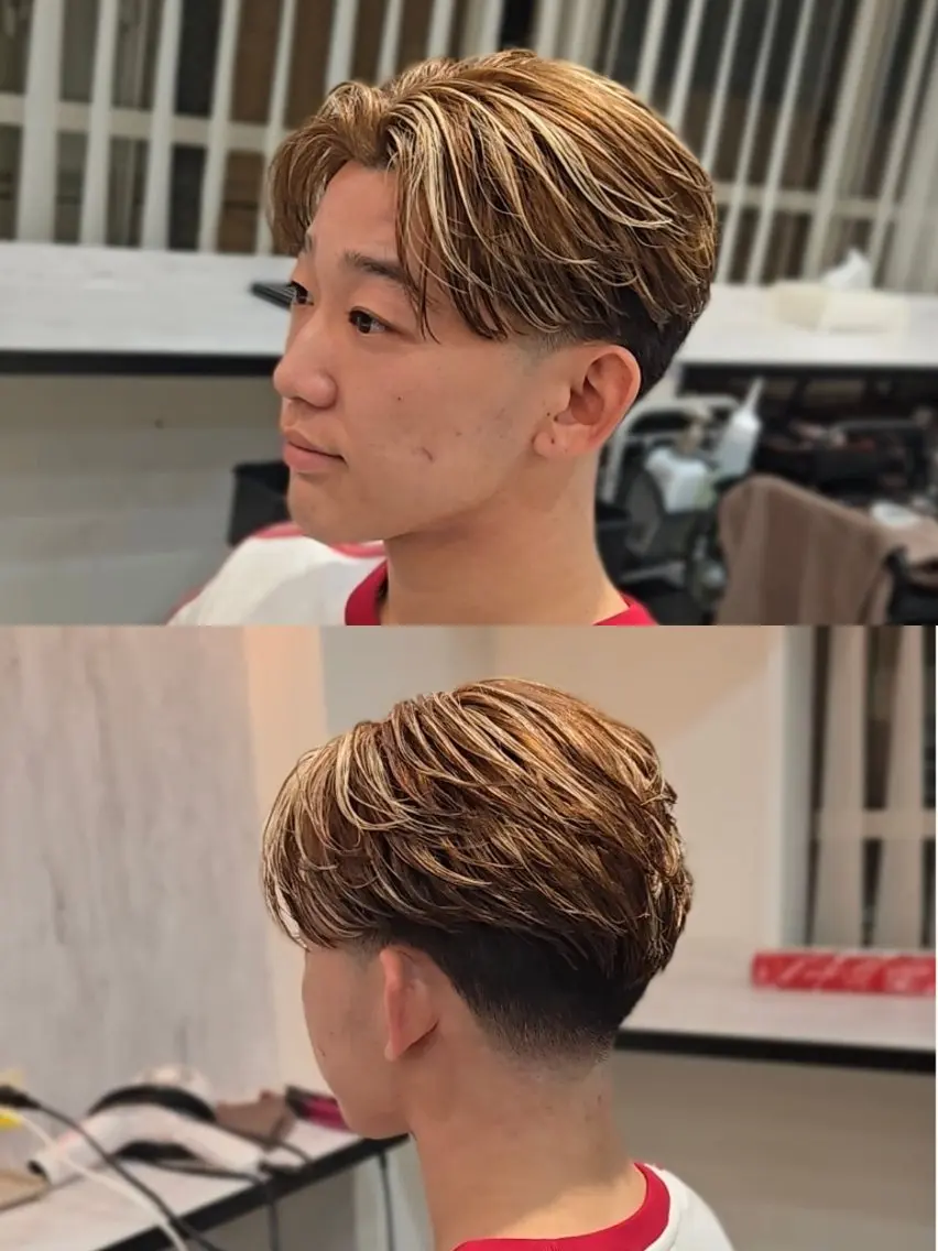 メンズ ミディアム カラー フェードカット メンズハイライト ブロンド ハイライトカラー ハイライト カット ヘアカラー ヘアセット LEN名古屋/パーマ 海外ヘア/メンズ特化のヘアスタイル