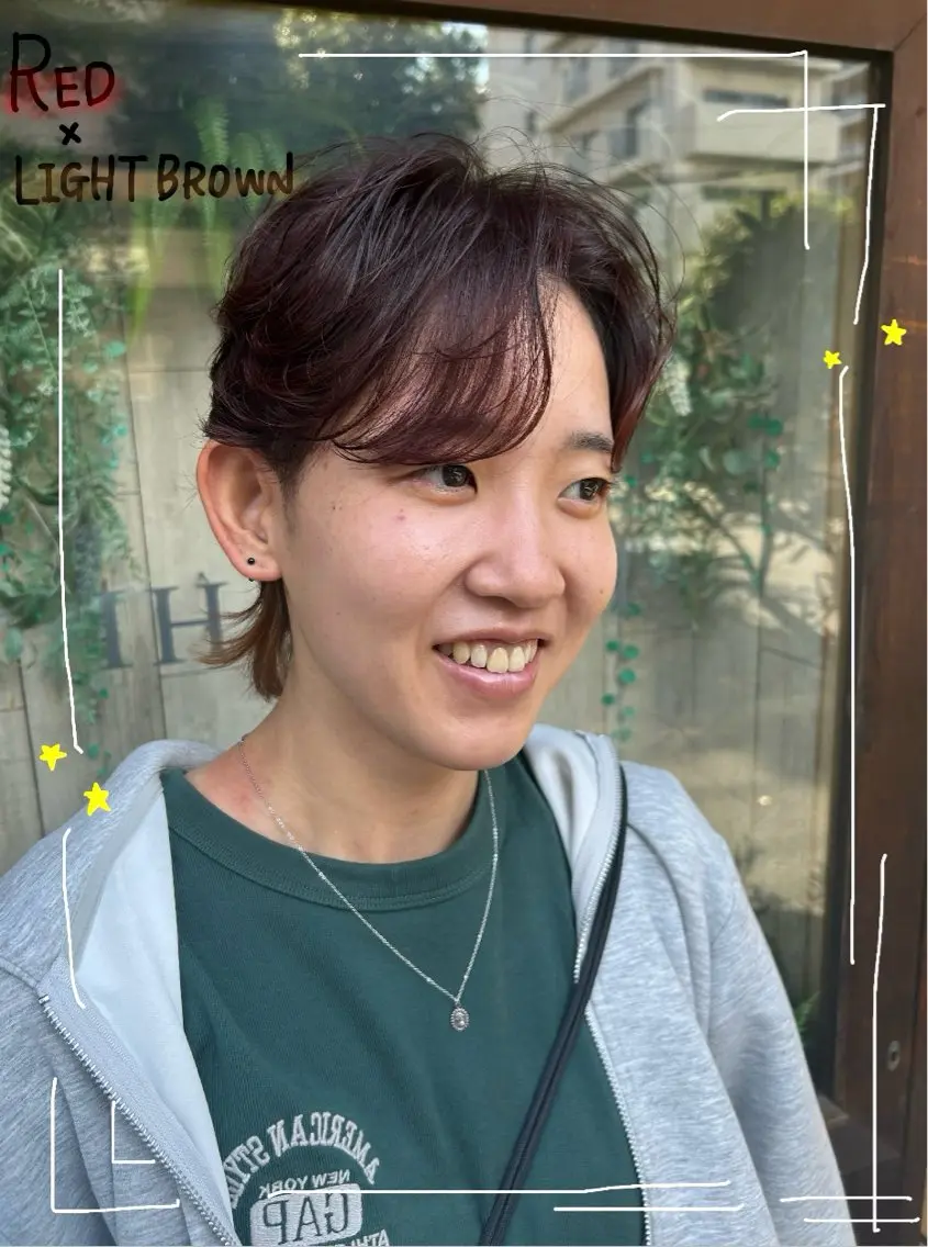 ショート カラー ブラウンカラー レッドカラー レッドブラウン レイヤーカット カット ヘアカラー みゆ｜ 髪師kenjiroのヘアスタイル