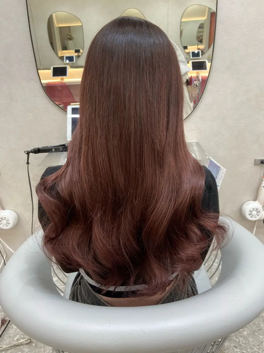 ロング カラー シールエクステ ブラウンカラー ピンクカラー ピンクブラウン レッドカラー カット ヘアカラー エクステ 新宿/韓国ヘア 中明度カラー/かやのヘアスタイル