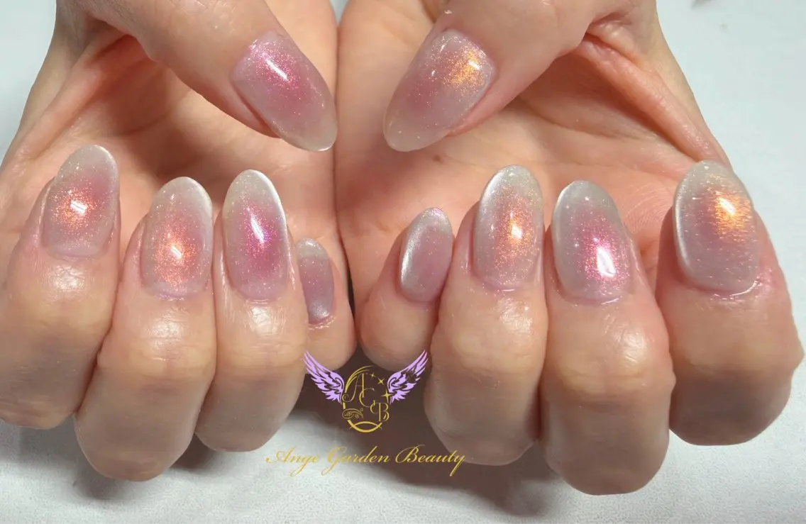 ネイル チークネイル オレンジ ピンク ハンドネイル AngeGarden Beautymihoのネイルデザイン