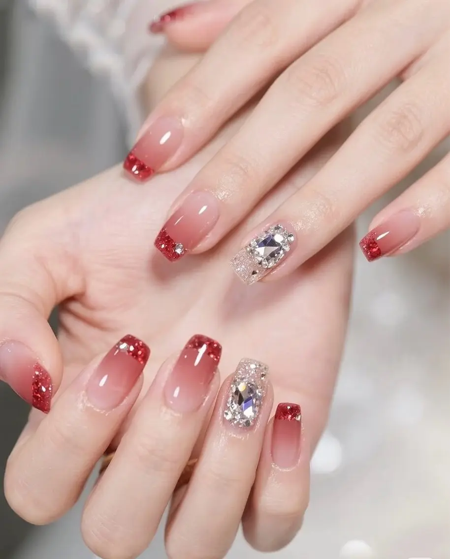 ネイル ボルドー 成人式 フレンチネイル ラメ(グリッター) ストーンネイル Wilu nail 二子新地駅徒歩30秒のネイルデザイン