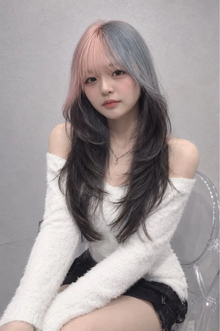 ロング カラー ヘアアレンジ レイヤーカット ヘアカラー トリートメント ヘッドスパ ヘアセット 韓国レイヤーカット /韓国トレンドカラーのヘアスタイル