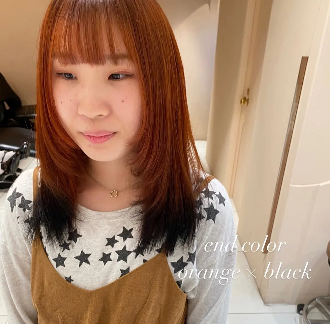 ミディアム カラー 黒髪 狐カラー オレンジ レイヤーカット 【MARCIE】 miyabiのヘアスタイル