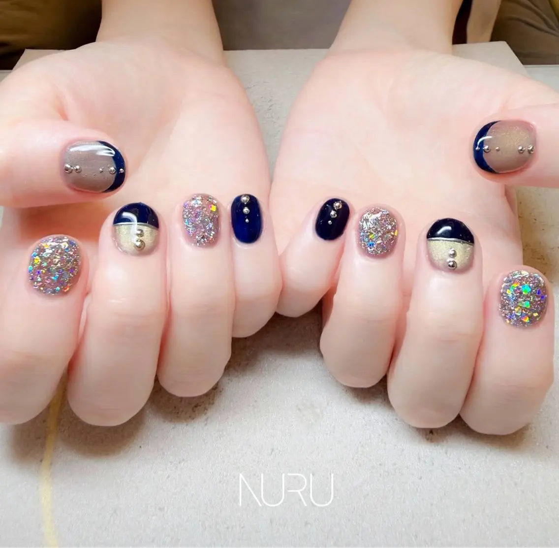 ネイル ブルー クリアネイル フレンチネイル ゴールド ホログラムネイル ハンドネイル NULLNAIL新宿 YUIのネイルデザイン