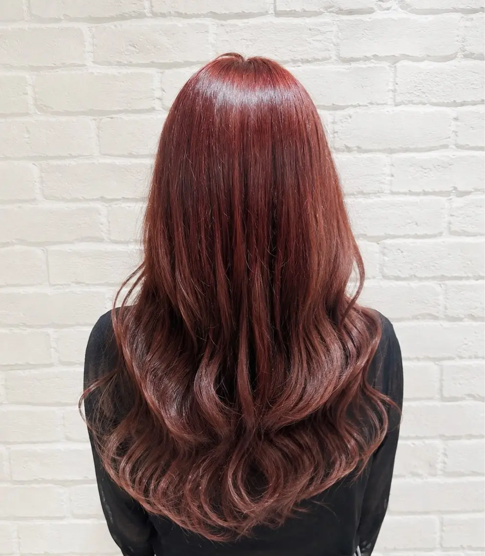 ロング カラー ブリーチ 透明感カラー ダブルカラー レッドカラー カット ヘアカラー トリートメント TSUKADA 縮毛矯正&艶カラーのヘアスタイル
