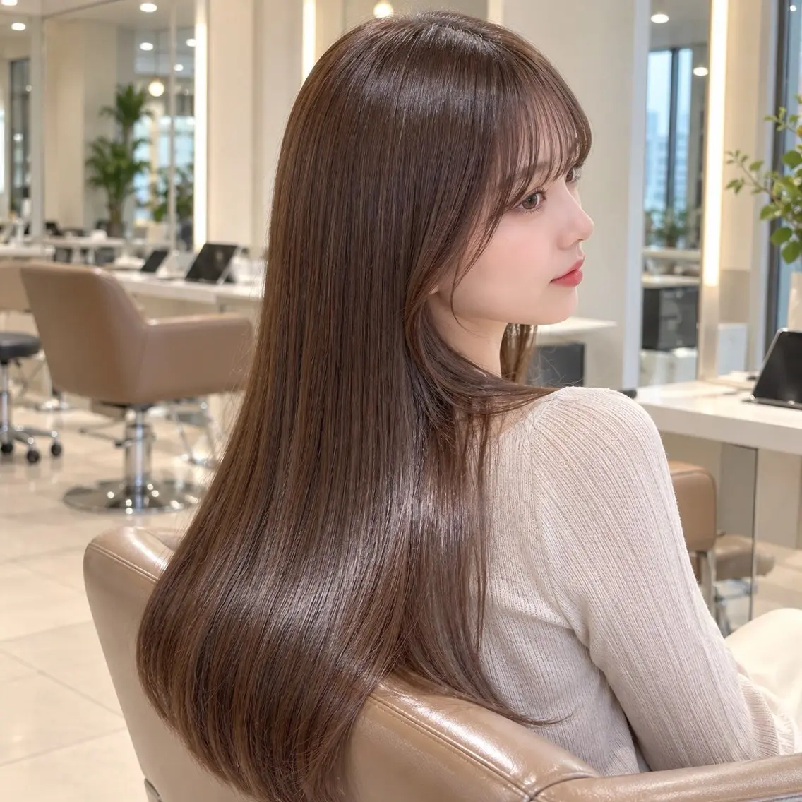 ロング カラー パーマ ブラウンカラー 透明感カラー ロング ストレートパーマ 顔周りレイヤー/透明 感カラー/難波雄雅のヘアスタイル