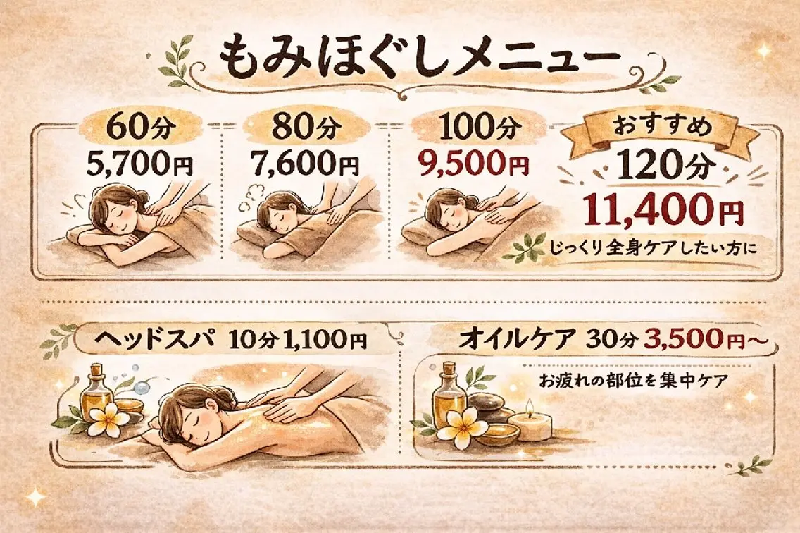 もみほぐし　80分　首/肩/腰/脚  眼精疲労　ヘッドスパの写真