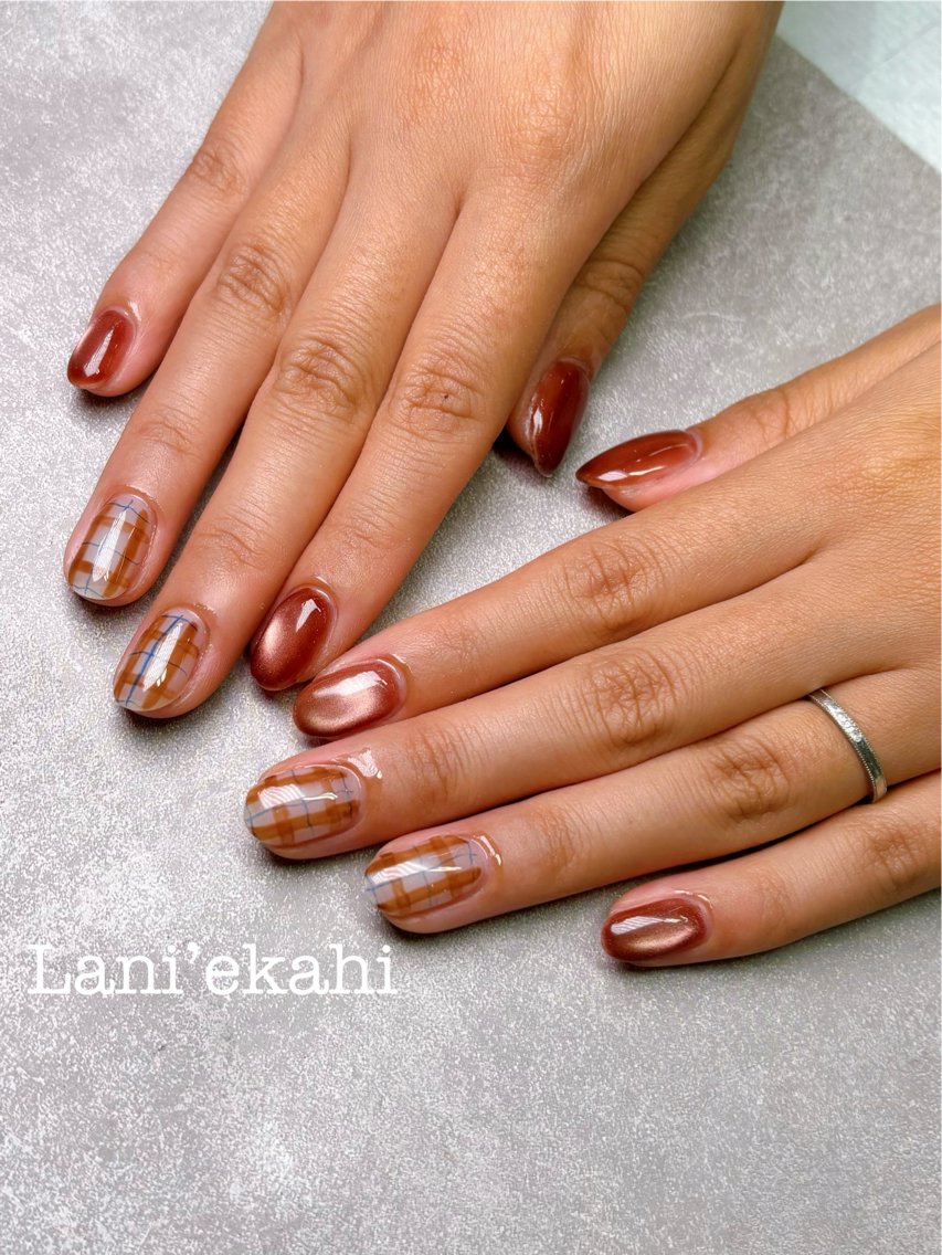 ネイル ブルー ブラウン マグネットネイル ハンドネイル Lani🌈Nail Konatsuのネイルデザイン