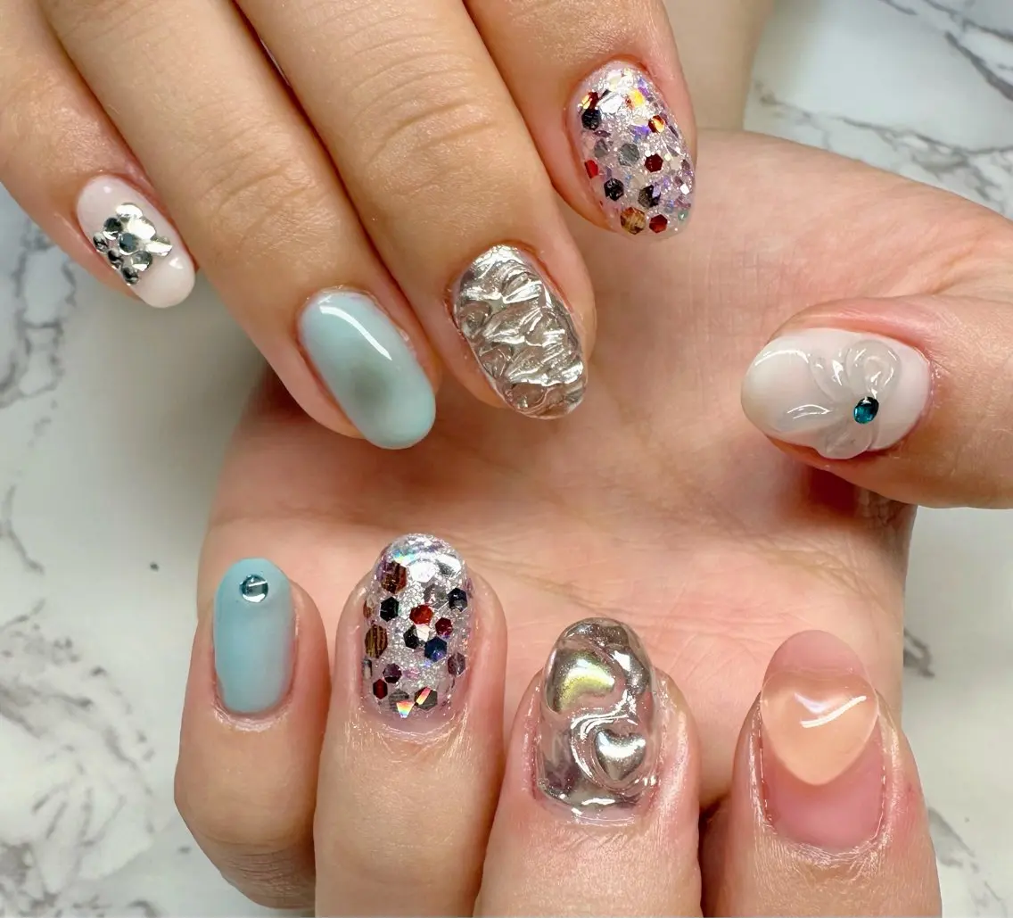 ネイル ハート キラキラネイル マグネットネイル ミラーネイル ニュアンスネイル Mai’s nailのネイルデザイン