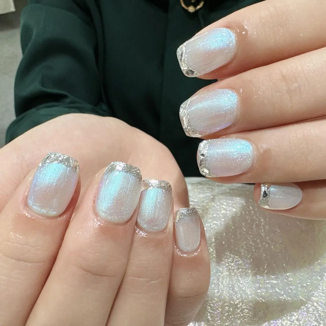 ネイル フレンチネイル ガラスフレンチ ミラーネイル Queen‘s なんのネイルデザイン