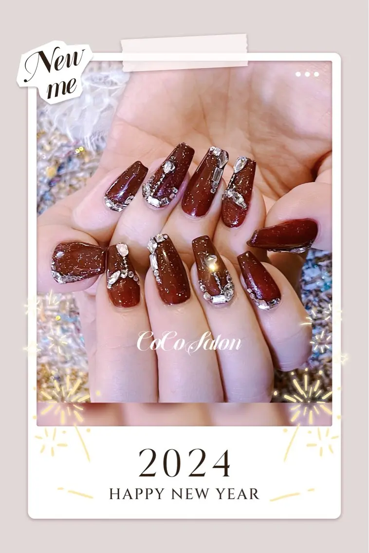 ネイル ボルドー 成人式 長さ出し ジェルネイル ゴージャス ハンドネイル CoCoSalon ネイル/まつ毛予約のネイルデザイン