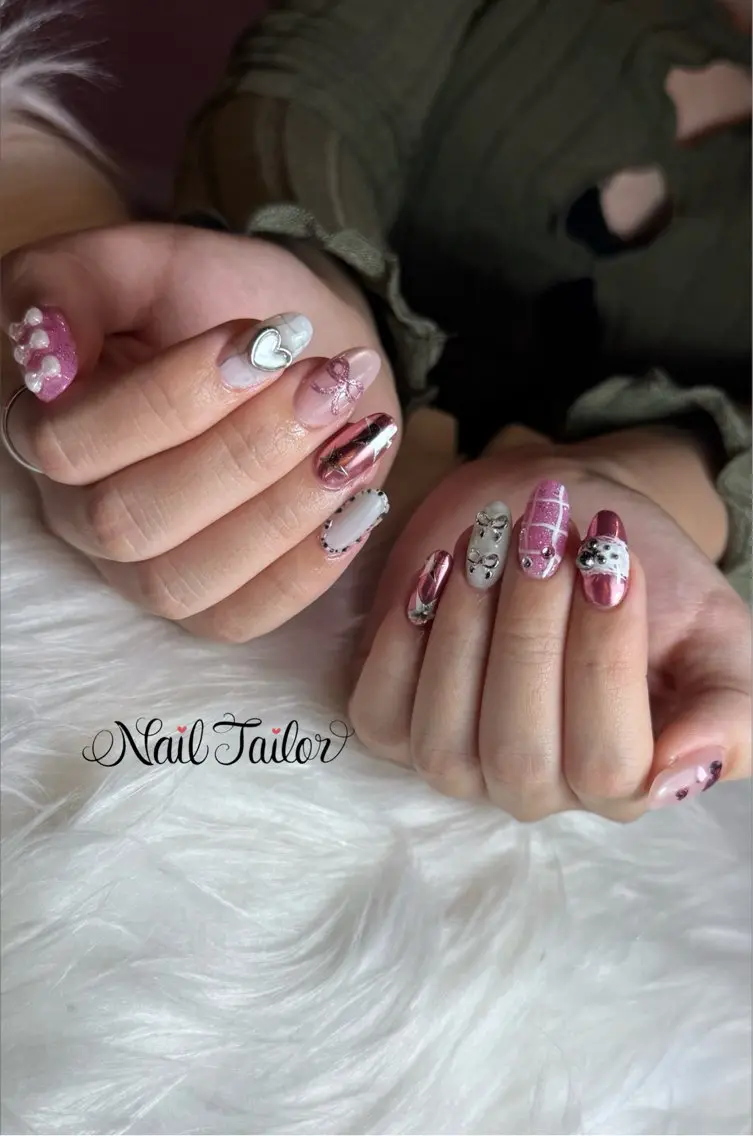 ネイル 長さ出し 韓国ネイル マグネットネイル ピンク リボン ハンドネイル NailTailor ネイルテイラーのネイルデザイン