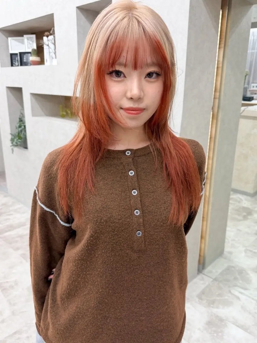 ミディアム カラー ブリーチ デザインカラー ダブルカラー オレンジ トリートメント ヘアカラー ブリーチ/ベージュ 💕/momoaのヘアスタイル