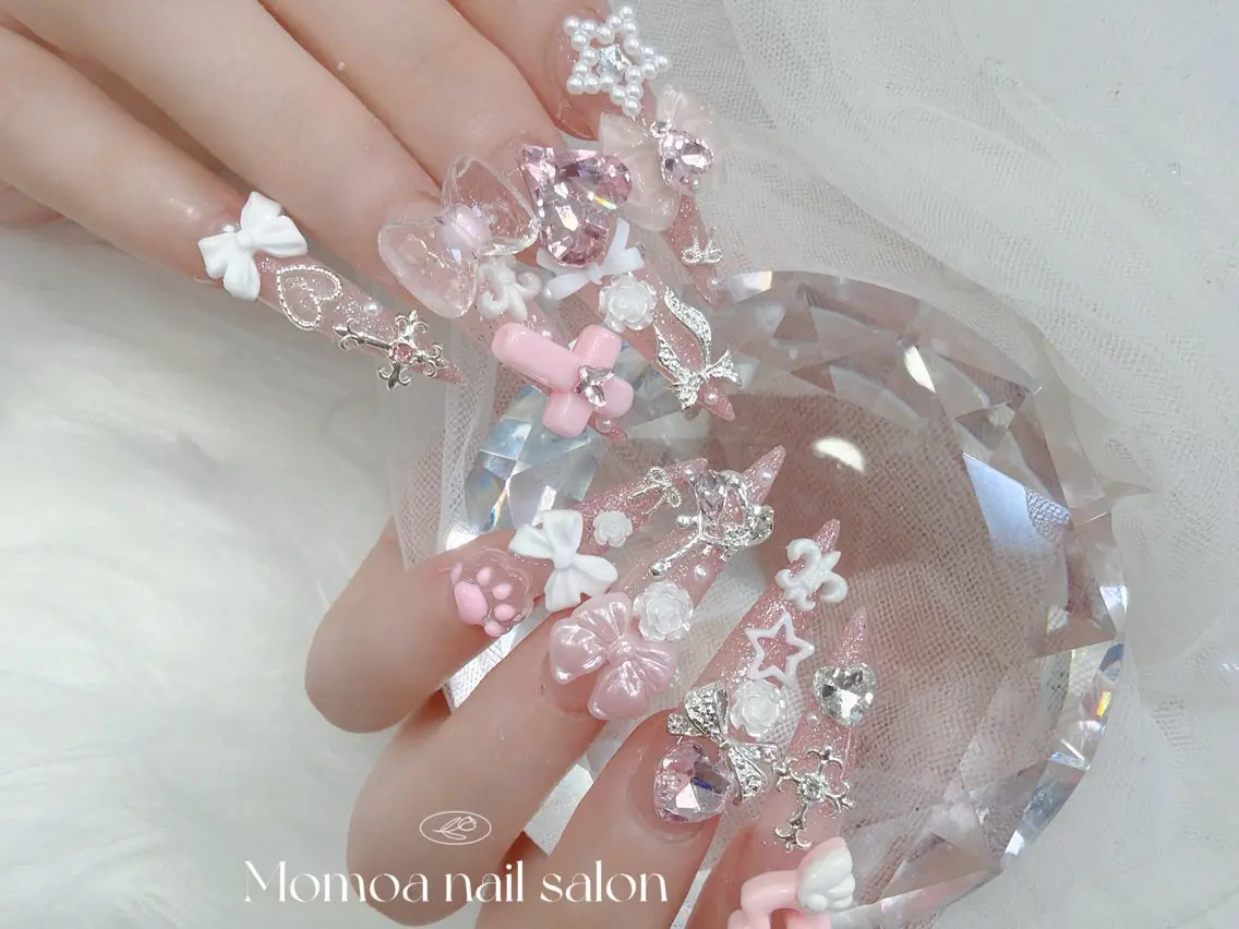 ネイル 成人式 大理石ネイル(マーブル) リボン 夏ネイル ネイルチップ ハンドネイル MoMoA Nail ネイル長さ出し専門店のネイルデザイン