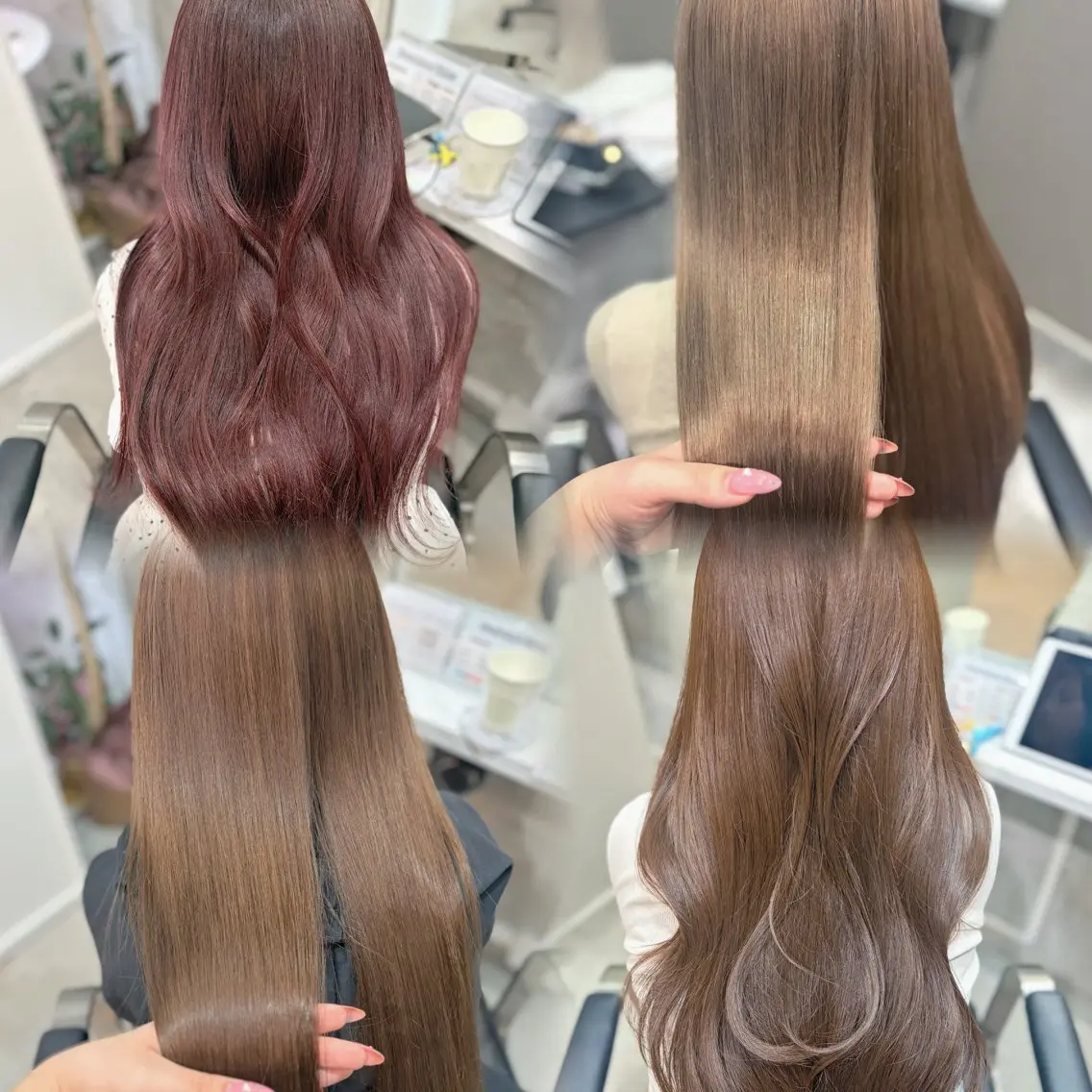 ロング カラー ブリーチ 透明感カラー ダブルカラー ブリーチなしカラー オレンジ ヘアカラー karen 髪質改善のヘアスタイル